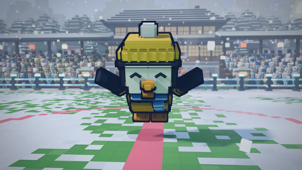 In-game screenshot: a penguin in a yellow woolly hat celebrates with a big smile on a snowy pitch