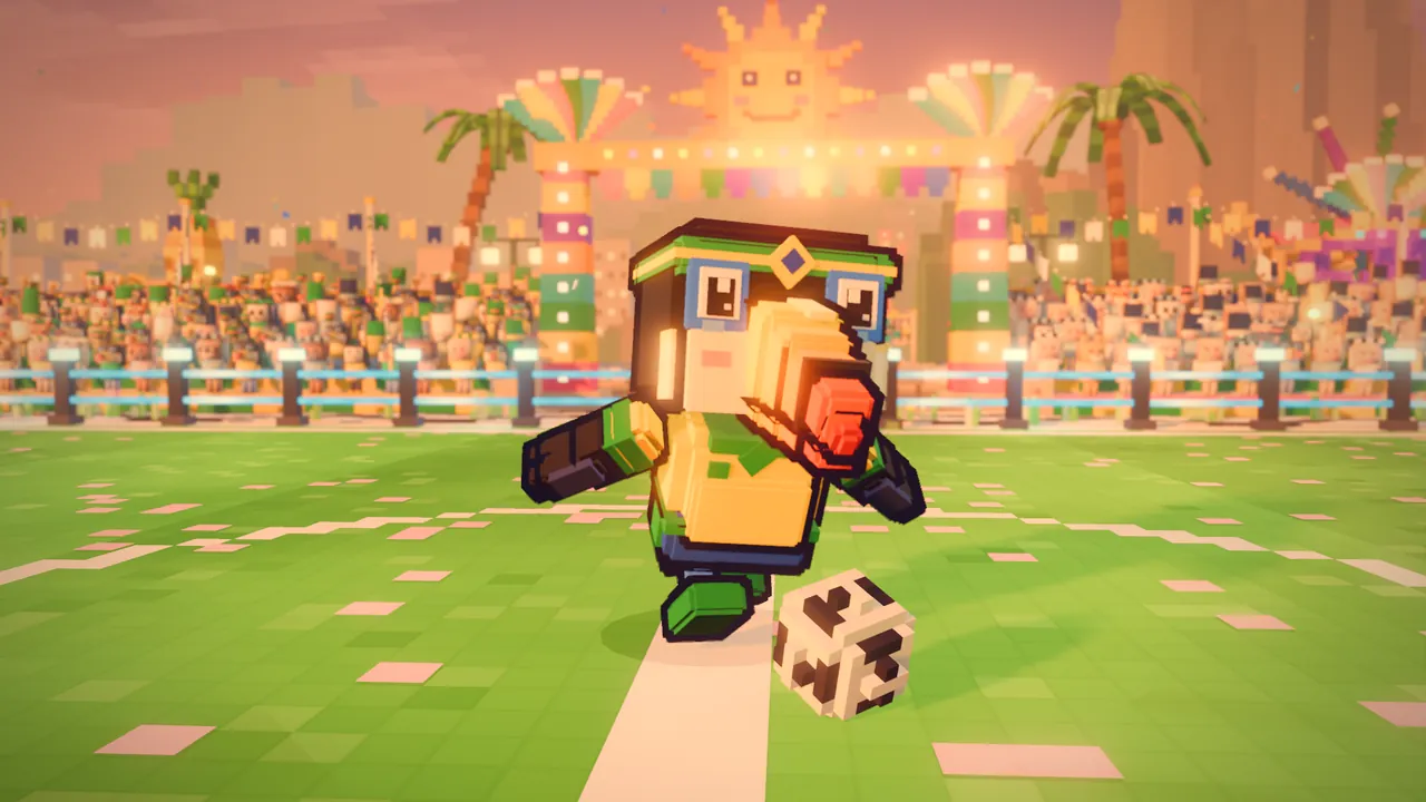 In-game screenshot: a toucan player in a yellow shirt sprints with the ball at sunset, with palm trees and carnival lights behind