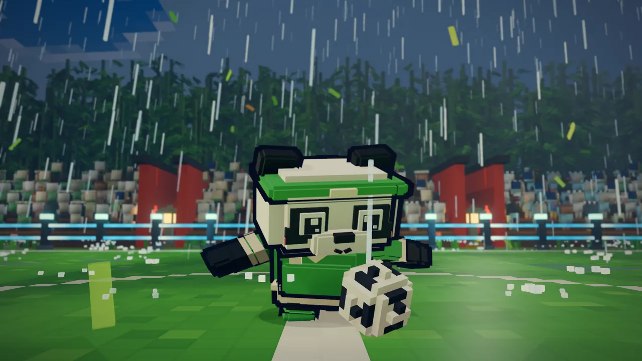 In-game screenshot: a panda in a green kit charges at the ball in heavy rain, in front of a bamboo forest stadium