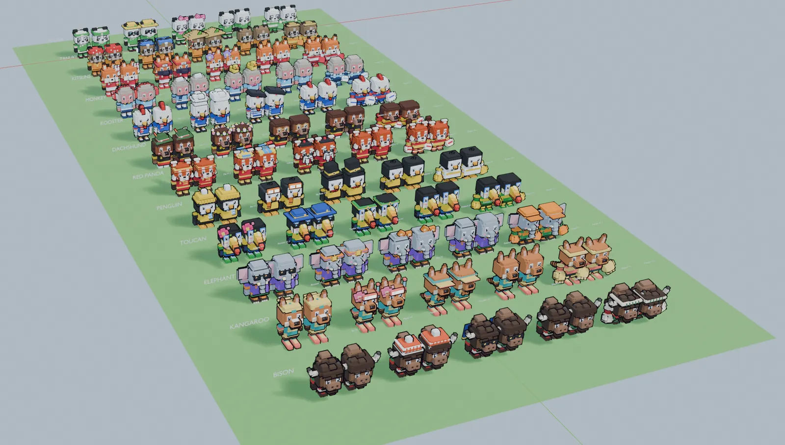 All 12 animal teams lined up in rows on a green field: pandas, tanuki, kitsune, monkeys, roosters, dachshunds, red pandas, penguins, toucans, elephants, kangaroos and bison. Each captain, sidekick and keeper stands in a pair: the old look next to the new v1.1 look.